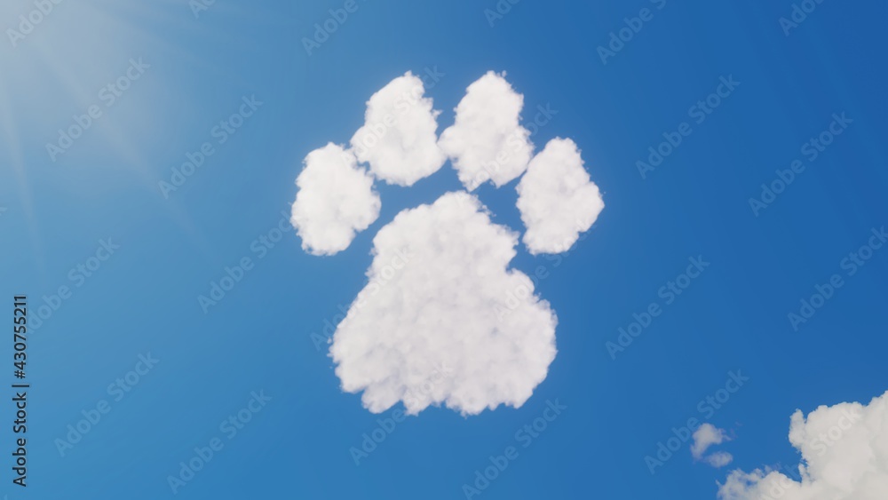 Poster 3d rendering of white clouds in shape of symbol of paw on blue sky with sun