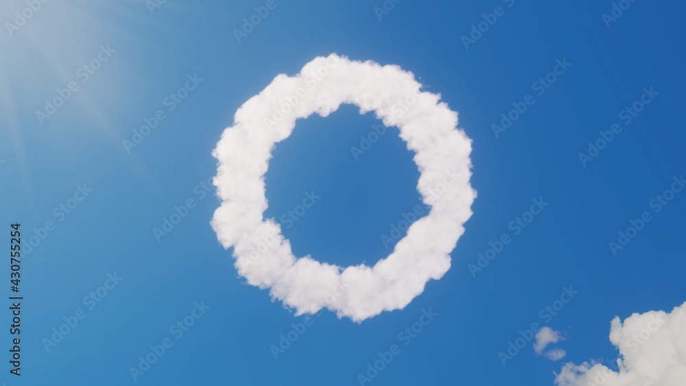 Poster 3d rendering of white clouds in shape of symbol of oxygen symbol on blue sky with sun