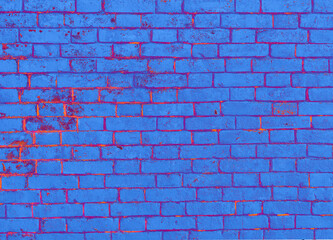 blue brick wall with red lighting. Texture grunge brick