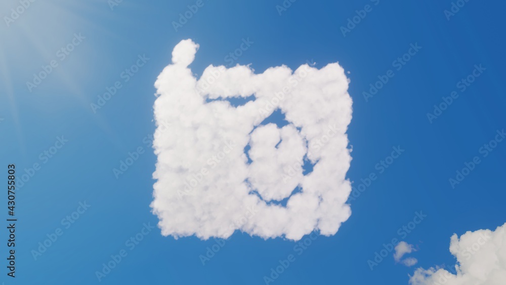 Poster 3d rendering of white clouds in shape of symbol of mousepad on blue sky with sun
