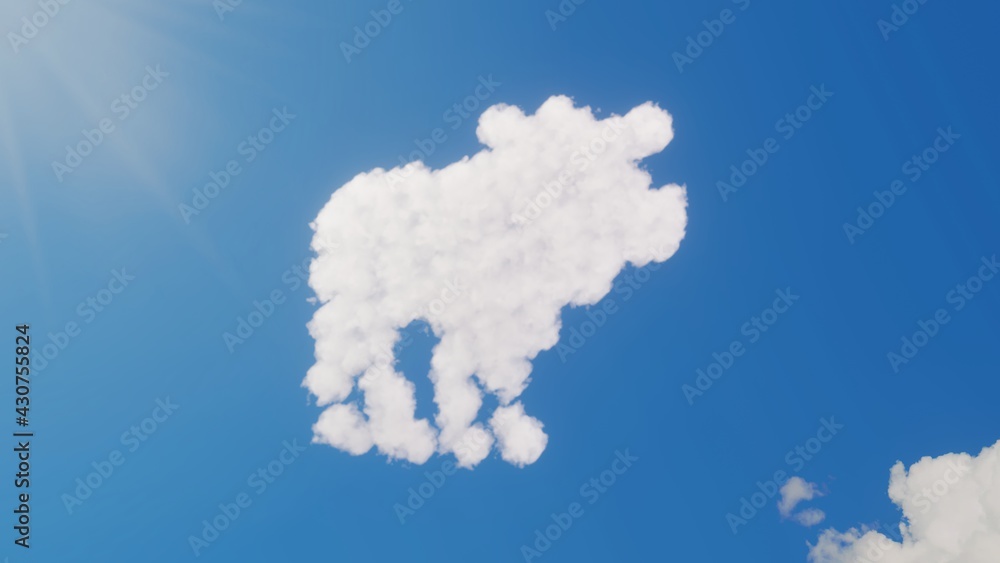 Poster 3d rendering of white clouds in shape of symbol of moose on blue sky with sun