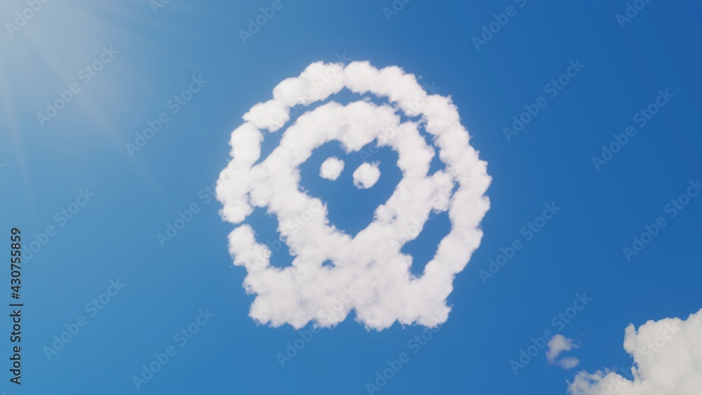 Poster 3d rendering of white clouds in shape of symbol of monkey astronaut on blue sky with sun