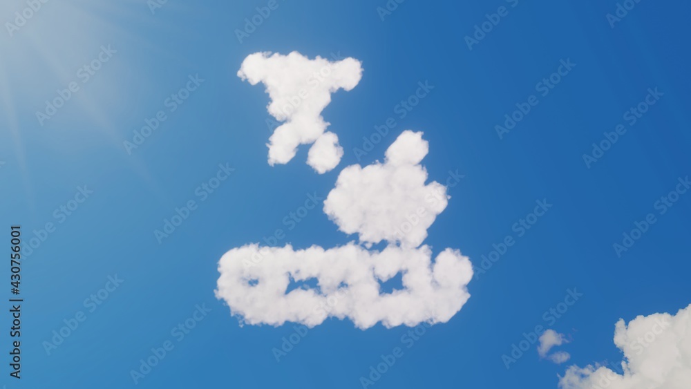 Poster 3d rendering of white clouds in shape of symbol of mechanical arm on blue sky with sun
