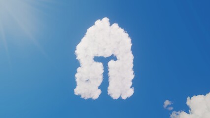 3d rendering of white clouds in shape of symbol of medieval helmet on blue sky with sun