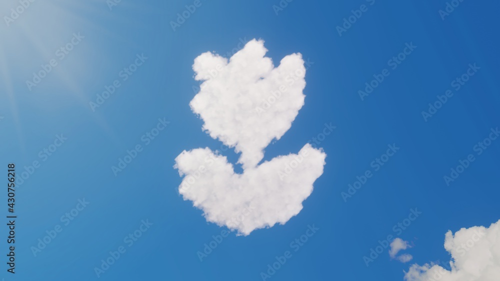 Poster 3d rendering of white clouds in shape of symbol of makro or tulip on blue sky with sun