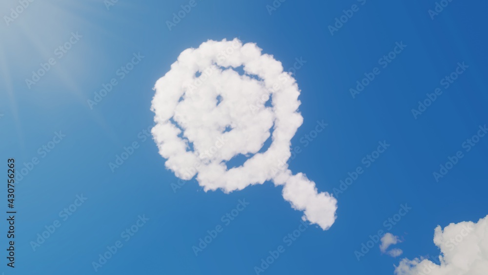 Poster 3d rendering of white clouds in shape of symbol of magnifying glass with virus on blue sky with sun