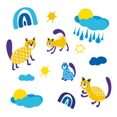 Funny cartoon cat and lettering and abstract elements sticker set isolated on white background. Vector illustration set of pretty kitty 
