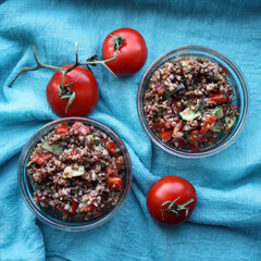 Salad of buckwheat, tomatoes, cucumbers and dill.