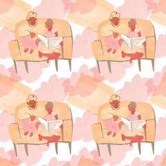 Seamless watercolor pattern for father's day.Family hand drawn print with dad and children on white isolated background.Vintage boho style picture.Designs for textiles,wrapping paper,packaging,fabric.