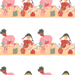 Seamless watercolor pattern for father's day.Family hand drawn print with dad and children on white isolated background.Vintage boho style picture.Designs for textiles,wrapping paper,packaging,fabric.