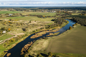 Aerial view of Skrunda town in sunny autumn day, Latvia.