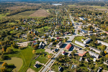 Aerial view of Skrunda town in sunny autumn day, Latvia.