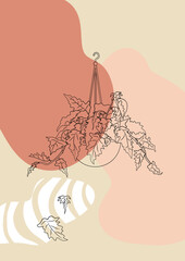 Boho style print with line art tropical potted plant and fluid abstract shapes on background. Pastel neutral colors. Stock vector illustration.