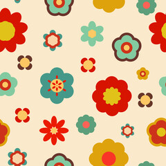 Colorful floral retro repeat pattern, vibrant flat flowers, 70s vintage style endless pattern, childish bloomy pattern, flower power pattern