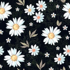 Beautiful seamless pattern with embroidered daisy flowers