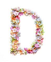 The letter D. Floral alphabet. Set of flower letters isolated on white. Flower font.