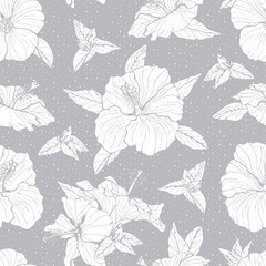 Monochrome seamless pattern with line art gray hibiscus flowers, buds and leaves, with gray outline. On white background. Stock vector illustration.