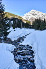 Winter, Frühling, Schnee, Tiefschnee, verschneit, Bach, Wasser, fließen, Gebirgsbach, Rinnsal,...