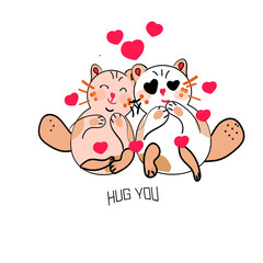 Vector illustration character design couple cat fall in love and little heart for valentine day.Doodle cartoon style.