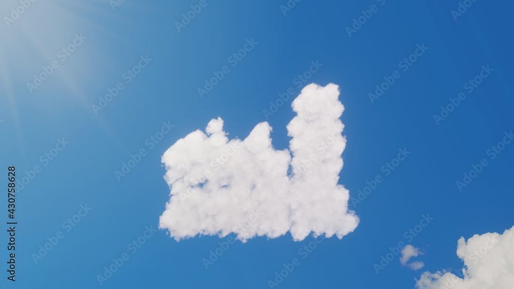 Poster 3d rendering of white clouds in shape of symbol of factory on blue sky with sun