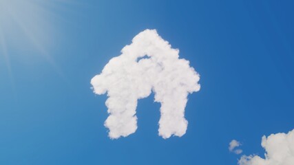 3d rendering of white clouds in shape of symbol of dog house on blue sky with sun