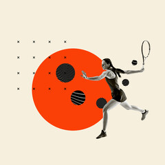 Modern design, contemporary art collage. Inspiration, idea, trendy urban magazine style. Female tennis player on geometrical background