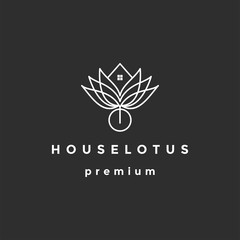 Lotus Flower with house sign logo design illustration. On Black Background