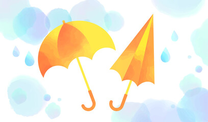 水彩で描いた傘と雨粒のデザイン