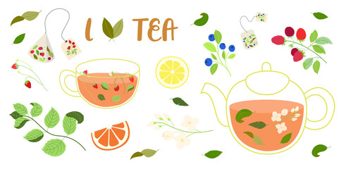 Big set of tea illustrations - glass pot, glass cup, tea bags, tea leaves, berries, jasmine, mint, lemon and orange slices. With lettering - I love tea. Isolated on white background.