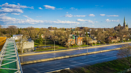 View on the historic center of Longueuil (Quebec, Canada) and the cathedral from the observation tower in Marie Victorin park