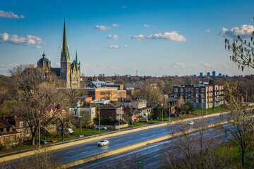 Naklejka premium View on the historic center of Longueuil (Quebec, Canada) and the cathedral from the observation tower in Marie Victorin park