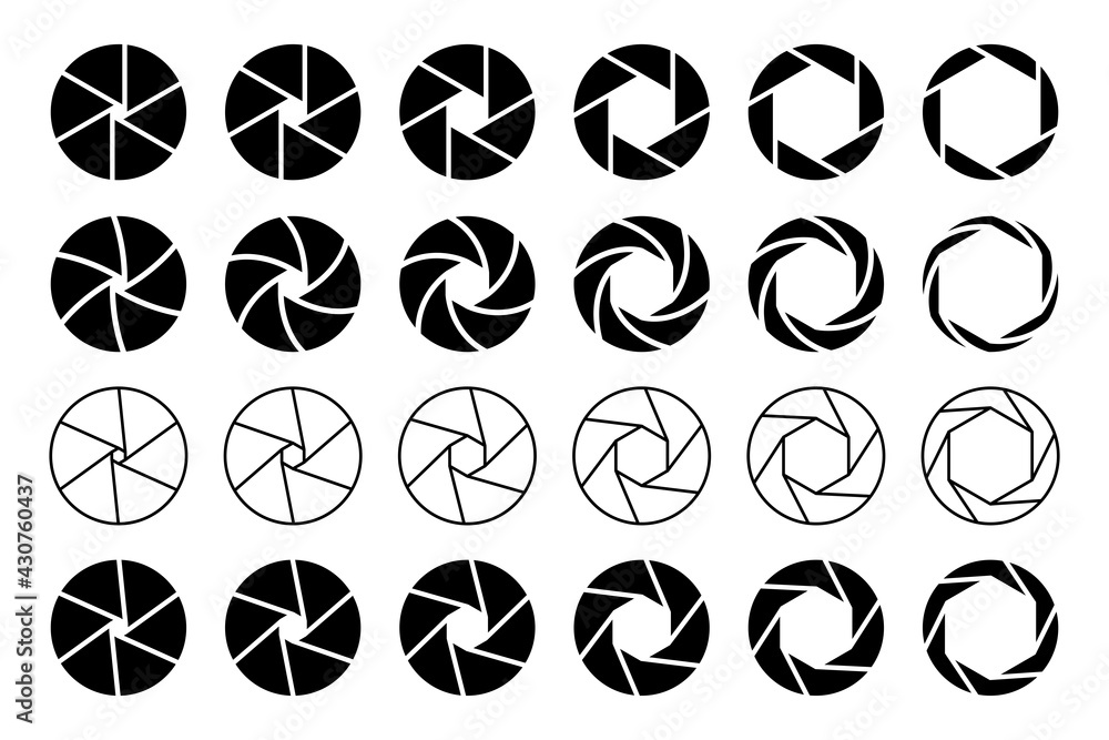 Poster camera shutter icon collection. set of shutter apertures. elements for logo or web design. vector co