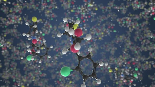 Clopidogrel molecule. Molecular model. Looping seamless 3d animation