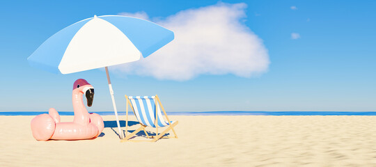 umbrella with flamingo float and chair on the sandy beach