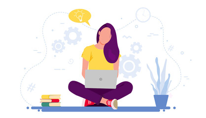 Landing page with woman sitting with crossed legs, working on laptop computer and light bulbs. Concept of idea creation, innovative thinking, creativity. Flat vector illustration for web banner