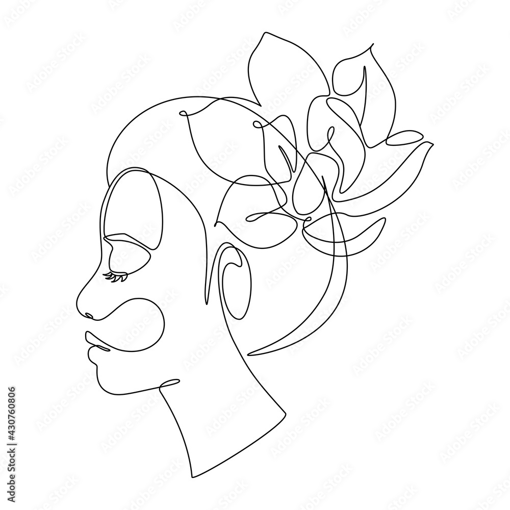 Aufkleber woman face with lotus flower in continuous line drawing. beautiful portrait in lineart style isolate