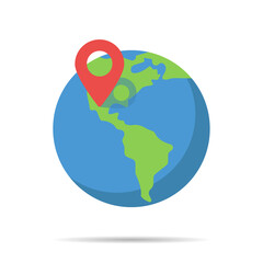 Earth globe with pin location in flat style. Search icon. World map icon. Navigation, marker, pointer symbol design. Vector illustration.