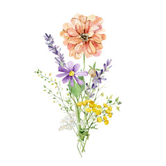 Watercolor wild flower bouquets for greeting card. Cute romantic bright wildflowers, blossom, leaves, branches, twigs, foliage, leaves for wedding invite, bridal shower, baby shower, banner, logo