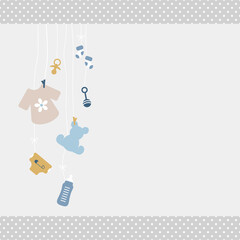 Karte Hängende Babysymbole Junge Retroblau Senfgelb Shirt Kanten Punkte