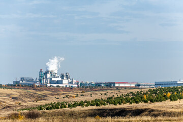Fototapeta na wymiar Chemical Plant factory with smoke stack. Smoke emission.