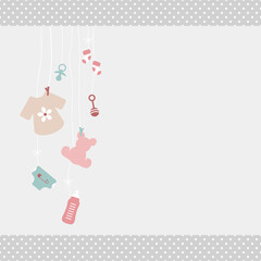 Karte Hängende Babysymbole Mädchen Rosa Mintgrün Shirt Kanten Punkte