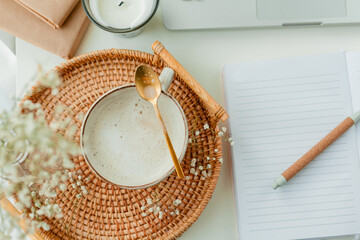 Home Office. Work. Laptop, coffee, flowers, spring, home decor. Cozy.