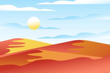 Landscape with waves. Blue sun set sky. Yellow, orange, pink and red mountains silhouette. Sandy desert dunes. Nature and ecology. Horizontal orientation. Social media, post cards and posters