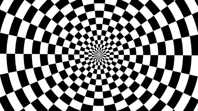 Optical illusion tunnel. Hypnotic checker 4k background. Optical illusion psychedelic background pattern.