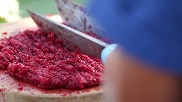 Spicy minced beef or Raw beef salad or Larb Thai food in the northern of Thailand