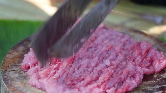 Spicy minced beef or Raw beef salad or Larb Thai food in the northern of Thailand