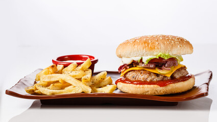 Burger. Juicy pork cutlet, cheddar cheese, crispy pickled onions, lettuce wrapped in a bun under two sauces. Served with french fries