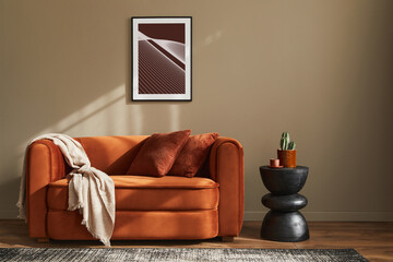 Minimalistic concept of stylish living room interior with design velvet ore sofa, mock up poster...