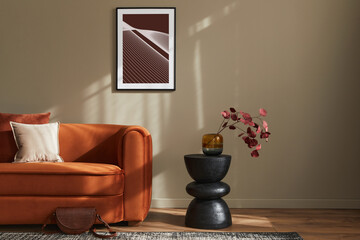 Minimalistic concept of stylish living room interior with design velvet ore sofa, mock up poster...