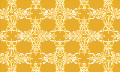 Seamless pattern with decorative illustrations of gold beetle insects on a dark yellow background in checked repeat.